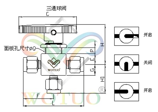 三通卡套球閥結(jié)構(gòu)圖,三通卡套式球閥示意圖